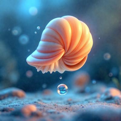 The primary subject of the image is a white, pink, and orange shell floating in the air. The setting is a beach, with sand visible beneath the shell. The visual style is digital art, as the shell appears to be a 3D model or an animated object. The colors and mood of the image are vibrant and lively, with the pink and orange hues adding a sense of warmth and energy to the scene.
